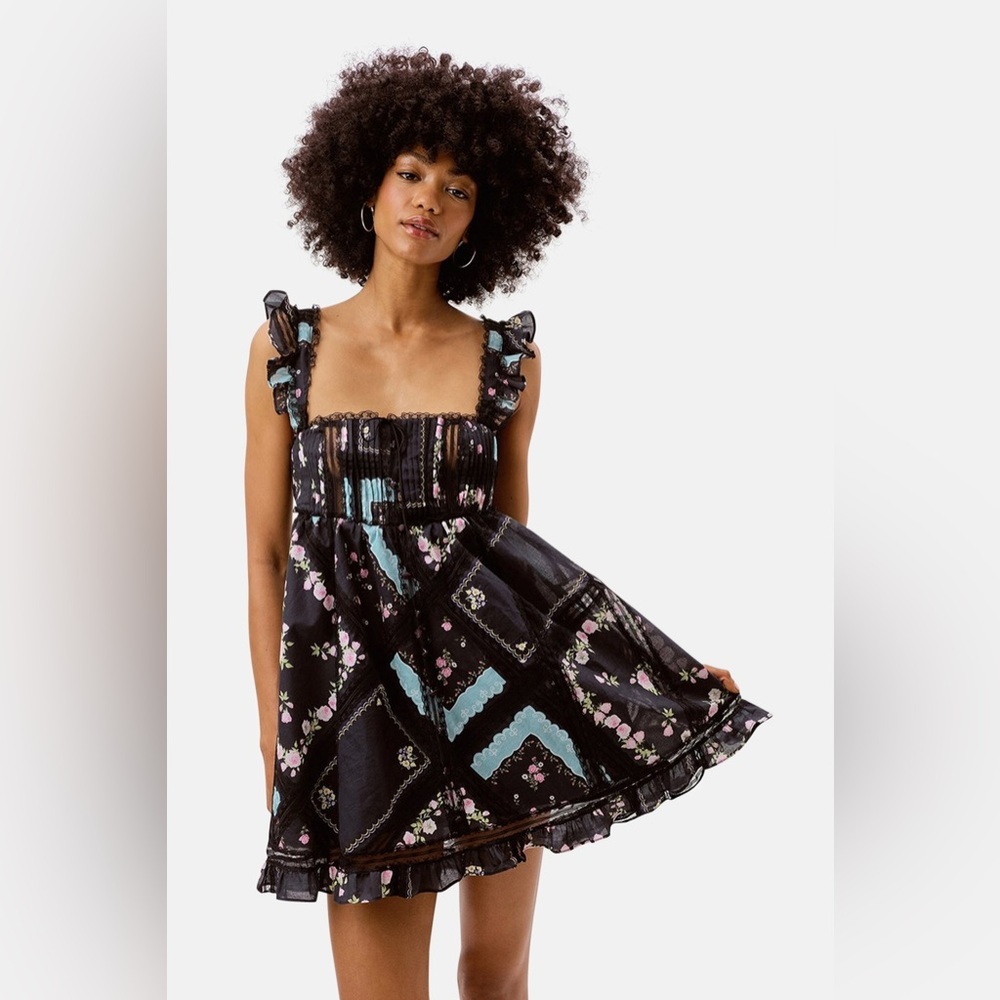 For Love & Lemons Leanne Mini Babydoll Dress Black Size S NWT